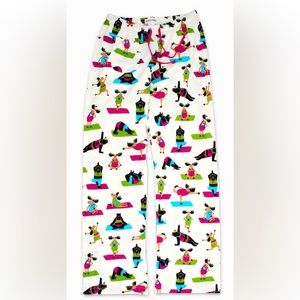 little BLUE HOUSE, size L, ivory background with green, teal, raspberry & brown